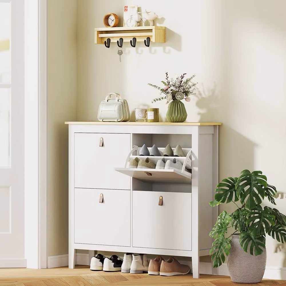 ERGOVEXA Modern White Slim Shoe Storage Unit with Tilting Compartments and Internal Shelves – 3
