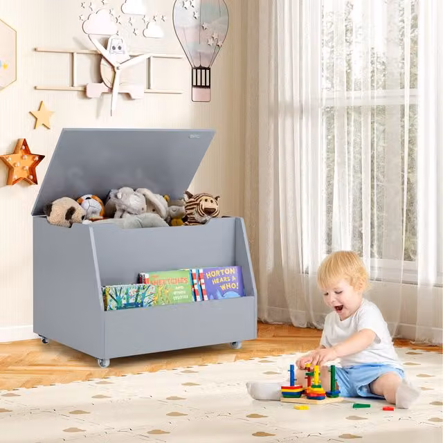 COSTWAY Kids Mobile Toy Storage Organizer with Castors, Grey