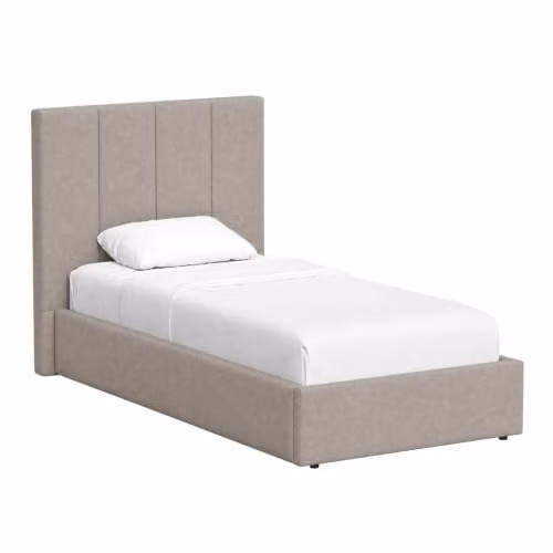 FWStyle Hoscar Single Ottoman Storage Bed in Beige, Upholstered Fabric with Lift-Up Base, W/D/H: 113 x 109 x 209 cm
