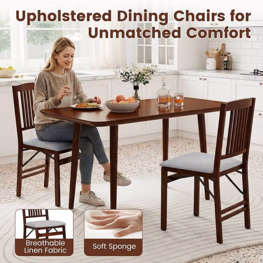 EONLION Set of 2 Brown Folding Dining Chairs with Fabric and Rubberwood Construction – 4