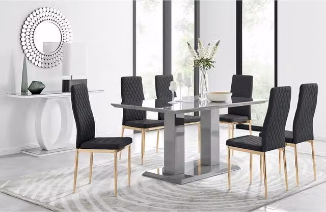 FurnitureboxUK Imperia Grey High Gloss Rectangular Dining Table with 6 Black Milan Chairs and Gold Legs