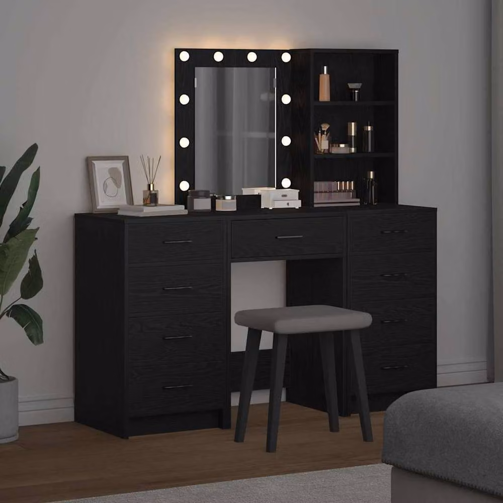 Berkfield Home 3-Piece Hollywood LED Dressing Table Set in Matt Black MDF – 3