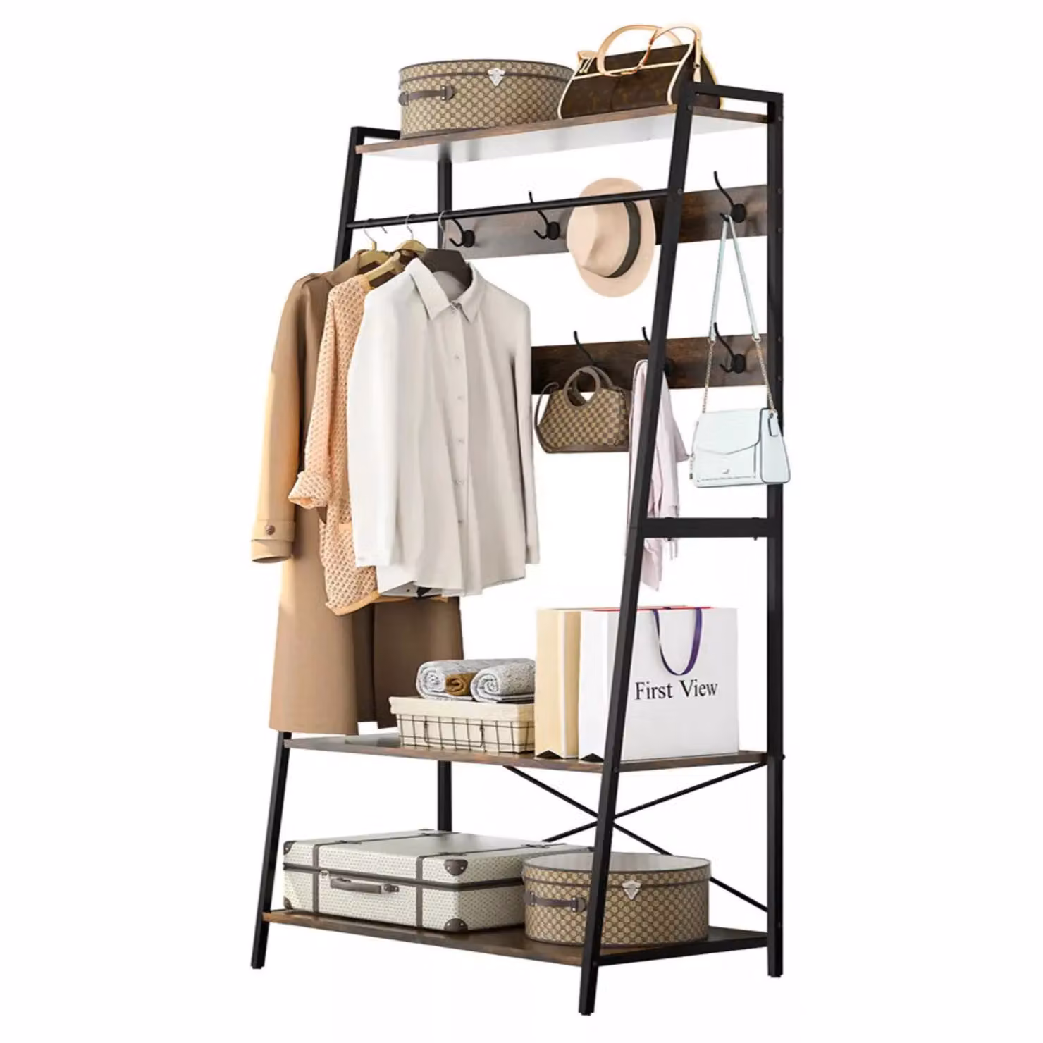 Pirlo Plush Industrial Heavy Duty Metal Clothes Rail Open Wardrobe with Shelves in Brown – 2