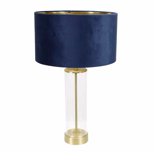 ValueLights Balan Table Lamp with Gold and Transparent Glass Cylinder, Blue Velvet Shade and Warm White LED Bulb