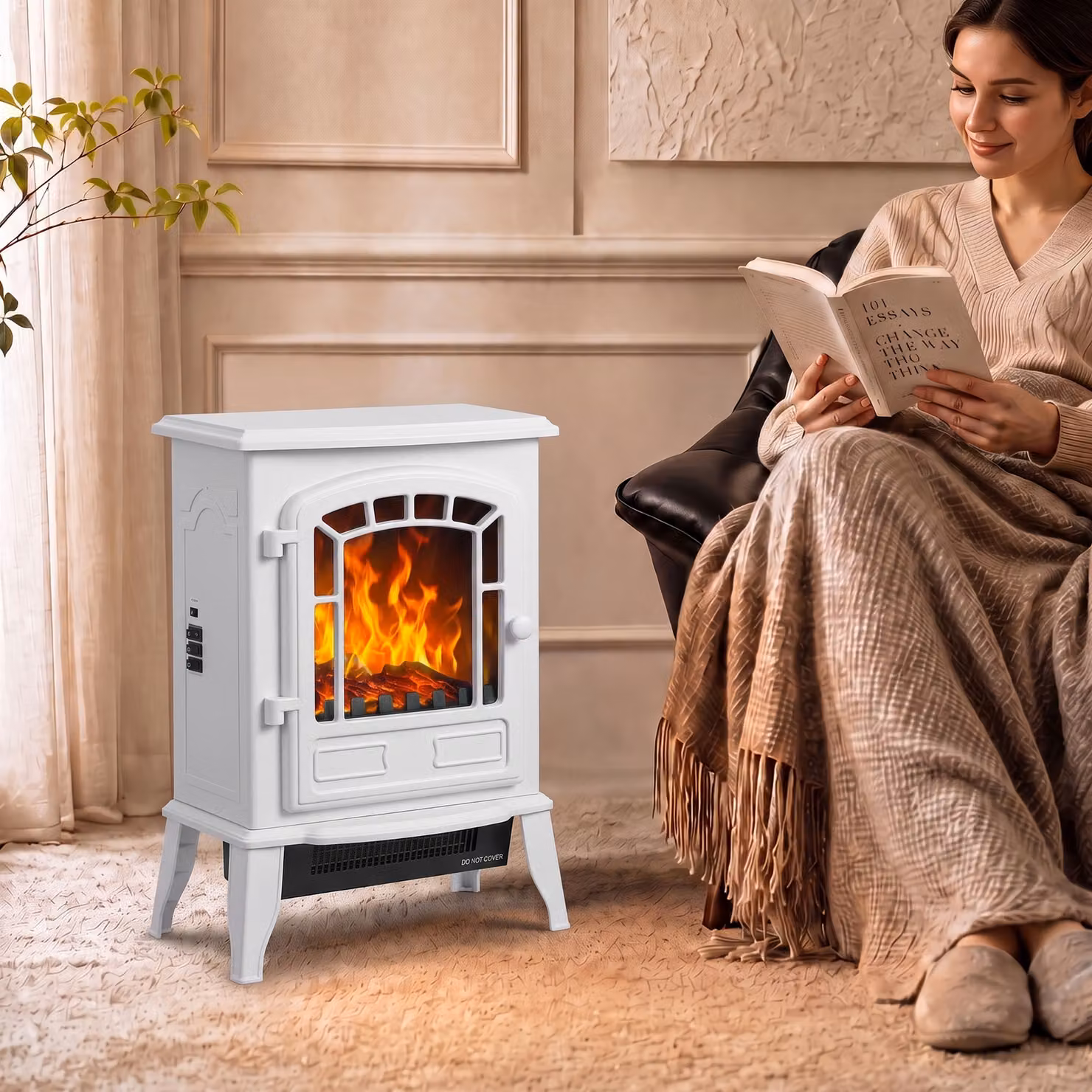 HOMCOM White Freestanding Electric Fireplace Stove with LED Flame Effect and Adjustable Thermostat, 2000W – 2