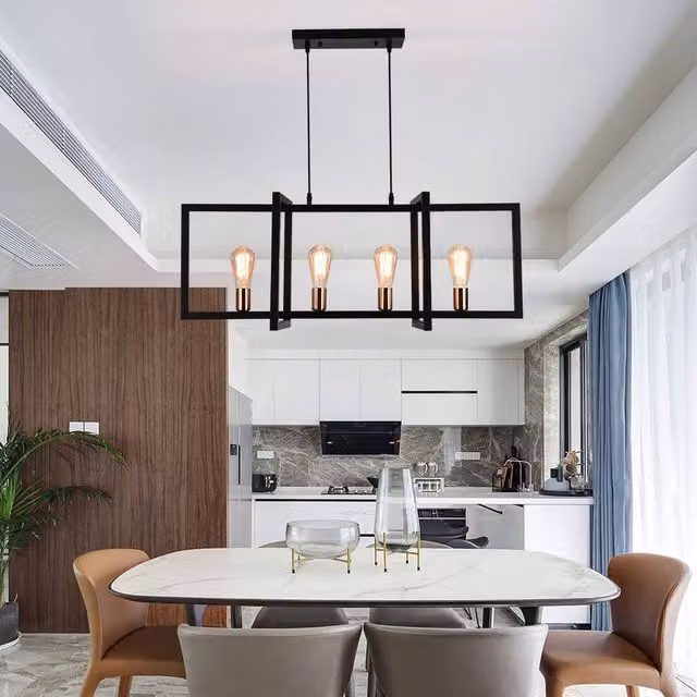 NIVOR Industrial Rectangular Kitchen Island Chandelier, Black Metal 4 x E27 Hanging Pendant Light