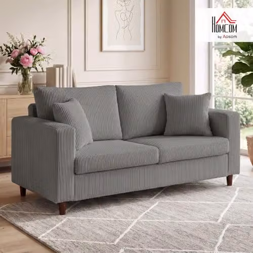 HOMCOM 2 Seater Corduroy Upholstered Loveseat Sofa in Grey, W: 170 cm, H: 82 cm, D: 80 cm – 2