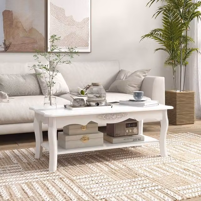 STILVORA White Rectangular Coffee Table with Storage Shelf and Wood Accents, W: 94 cm