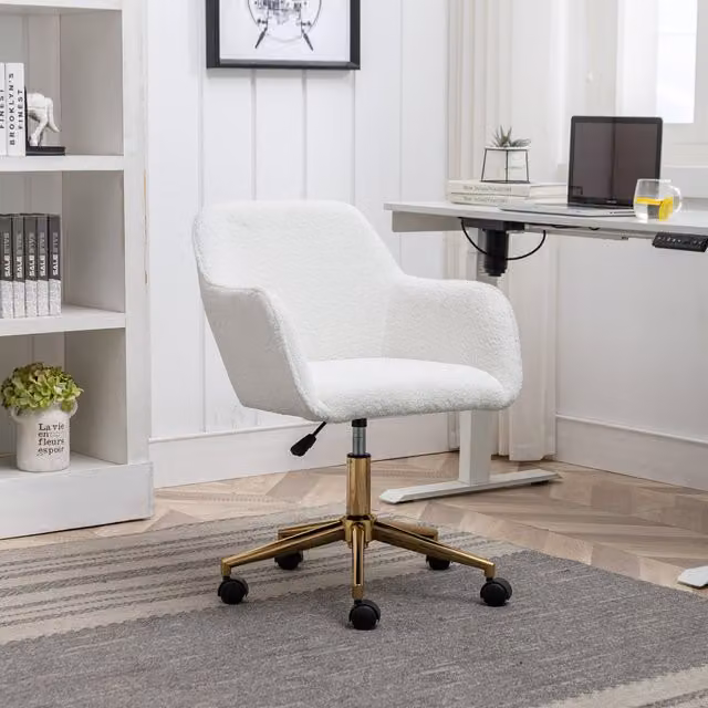 Aosom UK Boucle Teddy Swivel Office Chair in White with Gold Legs, W/D/H: 58 x 58 x 86 cm – 1