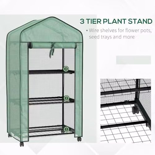 Outsunny 3 Tier Mini Greenhouse with Wheels, Green, H 130 x W 69 x D 49 cm – 3