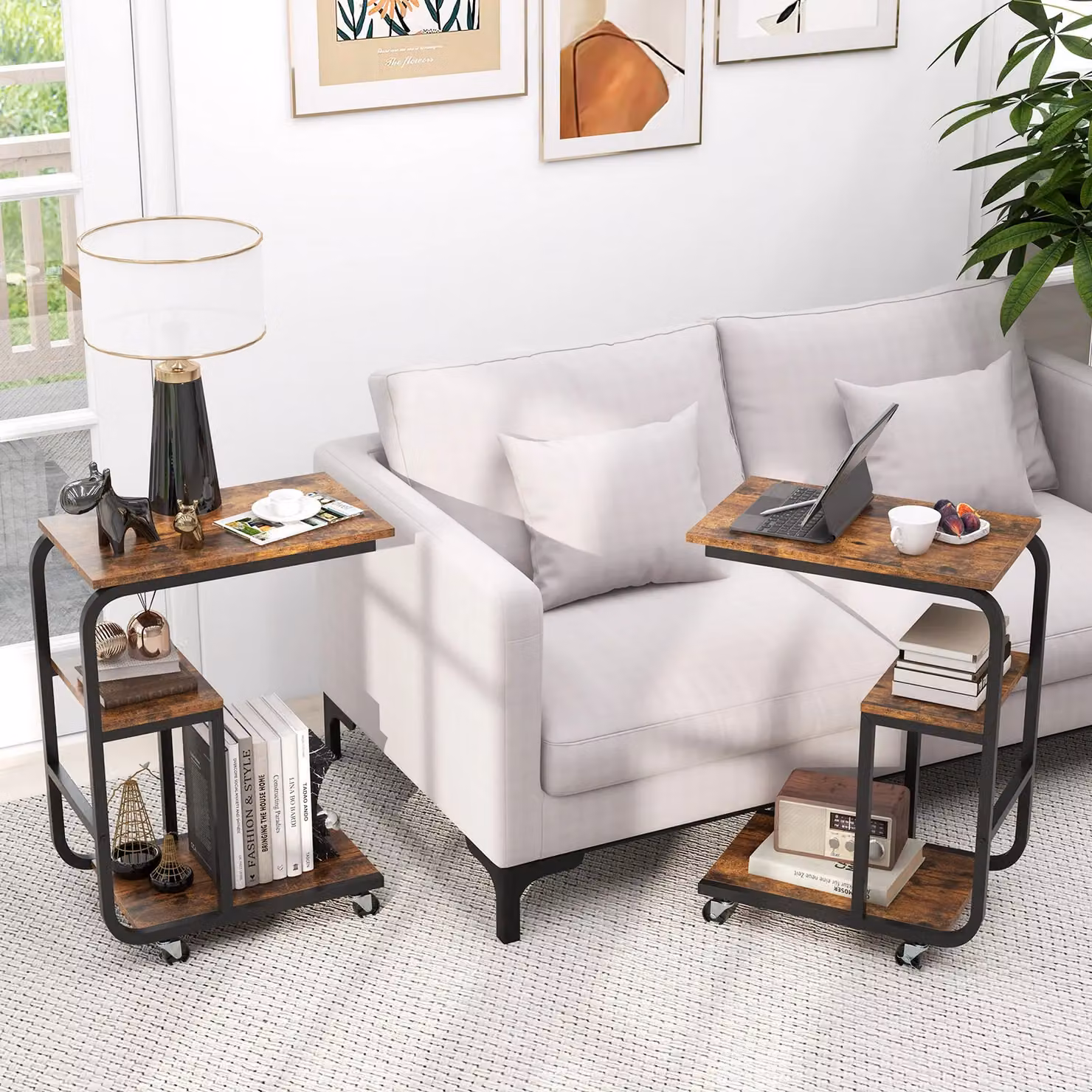 Gymax Set of 2 Industrial C-Shaped Rolling End Tables in Brown – 6