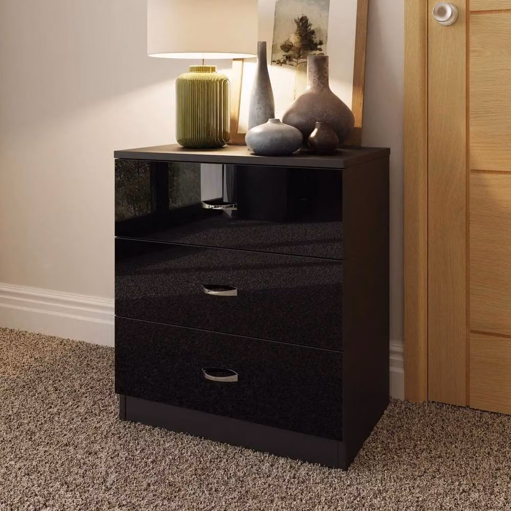VOGREX 3 Drawer Black Gloss Bedside Table – 4
