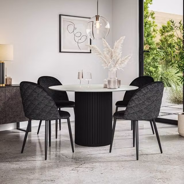More4Homes Arlo Round White Marble Top Dining Table with Black Legs and Raye Velvet Dining Chairs Set of 4, W: 120 cm, H: 75 cm