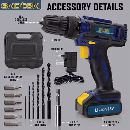 Skotek 18V Cordless Drill Set with Rechargeable Battery, Charger and 13-Piece Kit in Blue – 4