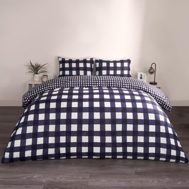 OHS Blue Checked Gingham Duvet Cover and Pillowcase Set, 140 x 200 cm