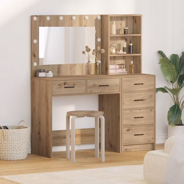 Berkfield Home 2 Piece Hollywood LED Dressing Table Set in Brown Artisan Oak Engineered Wood – 1