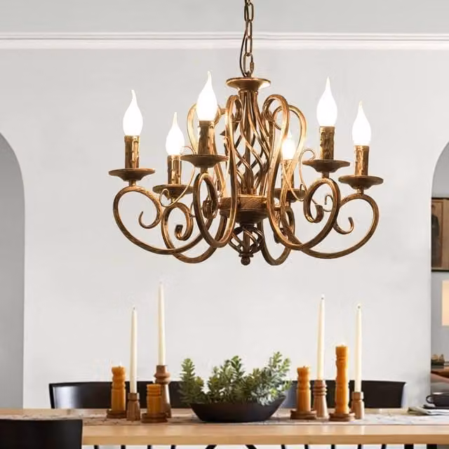 NIVOR French Country Wrought Iron Candle Chandelier Pendant Light in Bronze