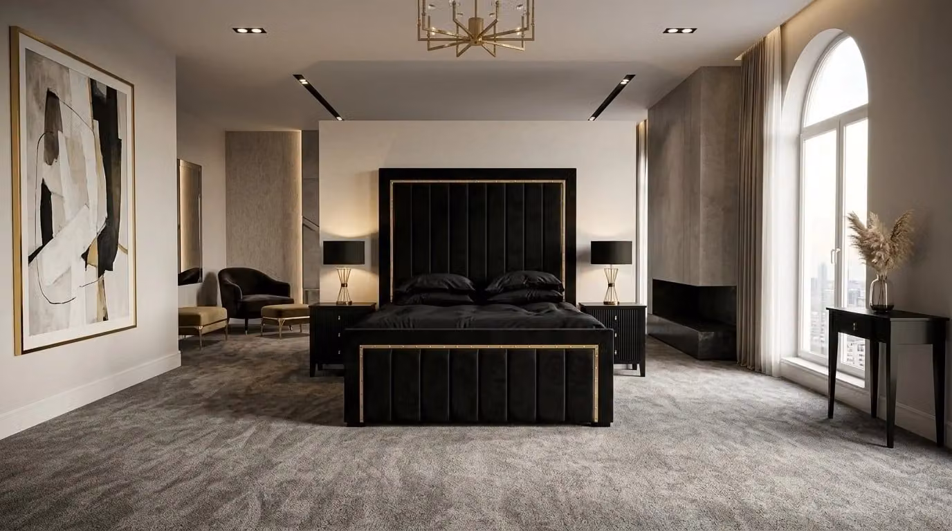 BEDS NK LTD Sapphire Metal Bed Frame in Gold and Black Velvet