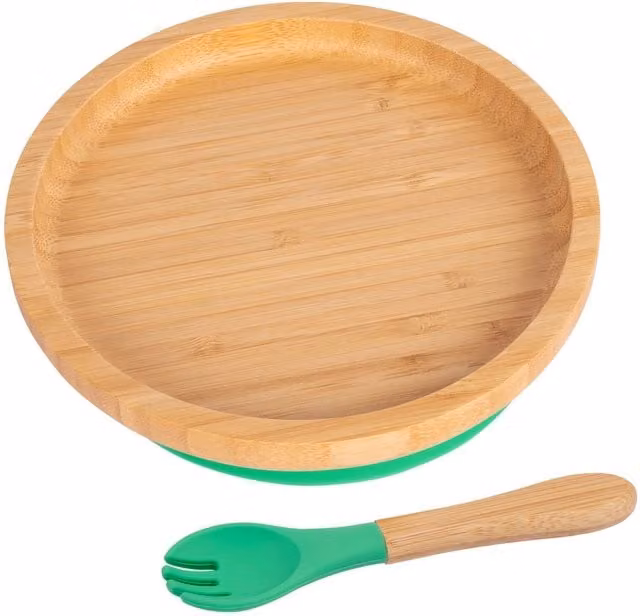 Tiny Dining Bamboo Round Baby Weaning Plate and Fork Set in Green