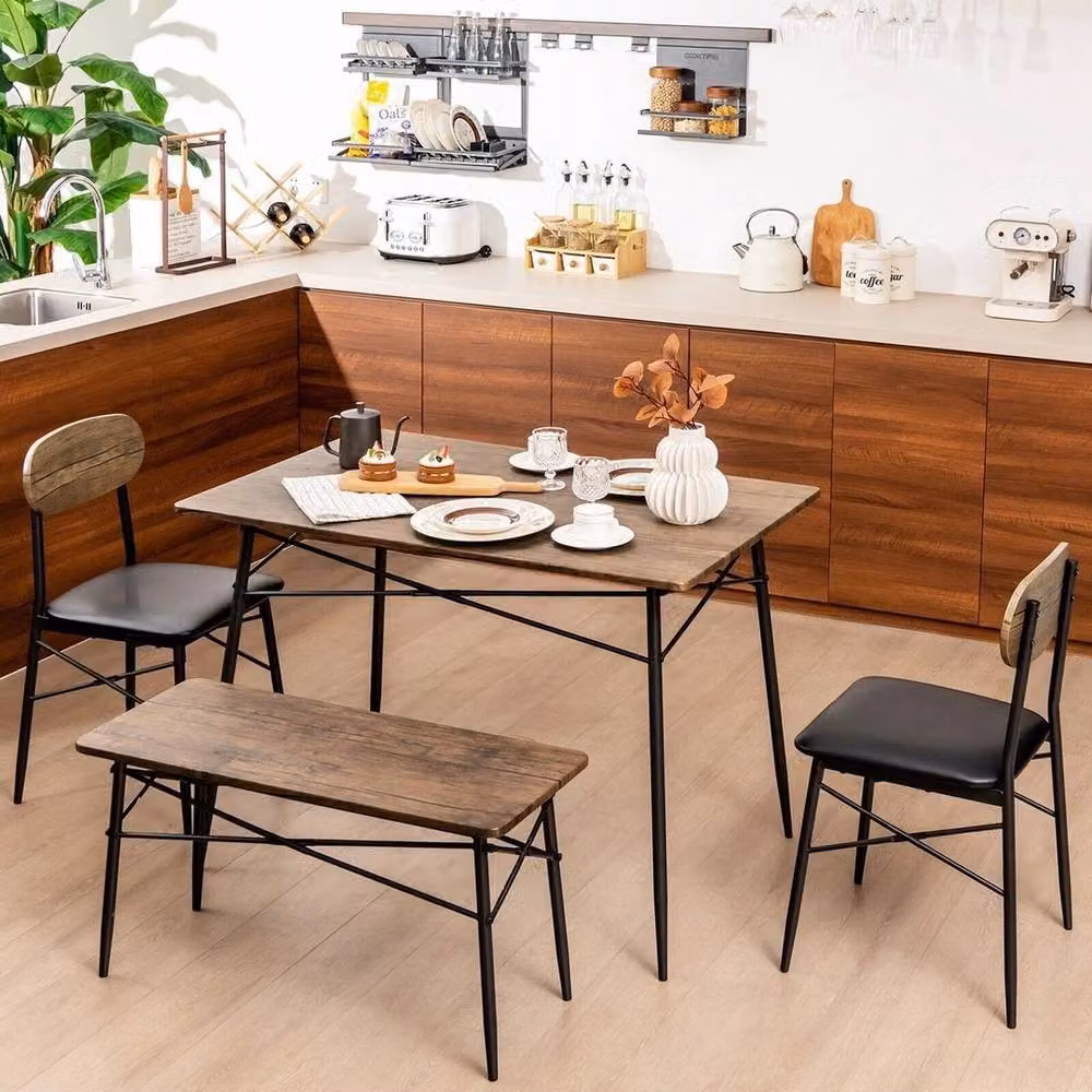 VOGREX 4-Piece Rectangular Industrial Dining Set in Brown and Sand, W/D/H: 110 x 70 x 76 cm – 2