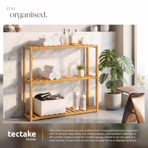 tectake 3-Tier Lacquered Bamboo Shelving Unit, Brown, W/D/H: 60 x 15 x 54.5 cm – 3