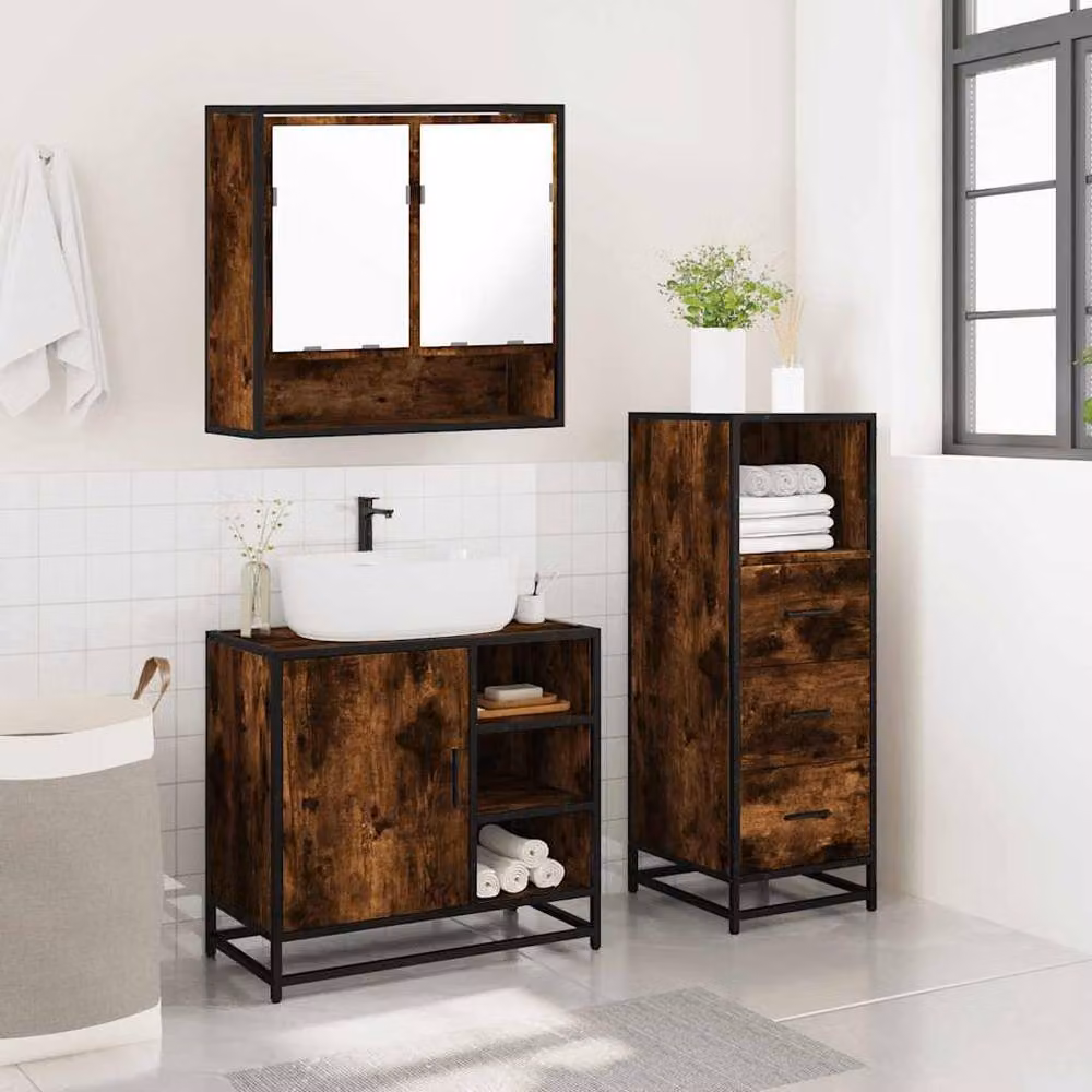 Berkfield Home 3 Piece Industrial Bathroom Furniture Set in Smoked Oak Brown featuring Mirror Cabinet, Vanity Unit and Tall Cabinet – 3
