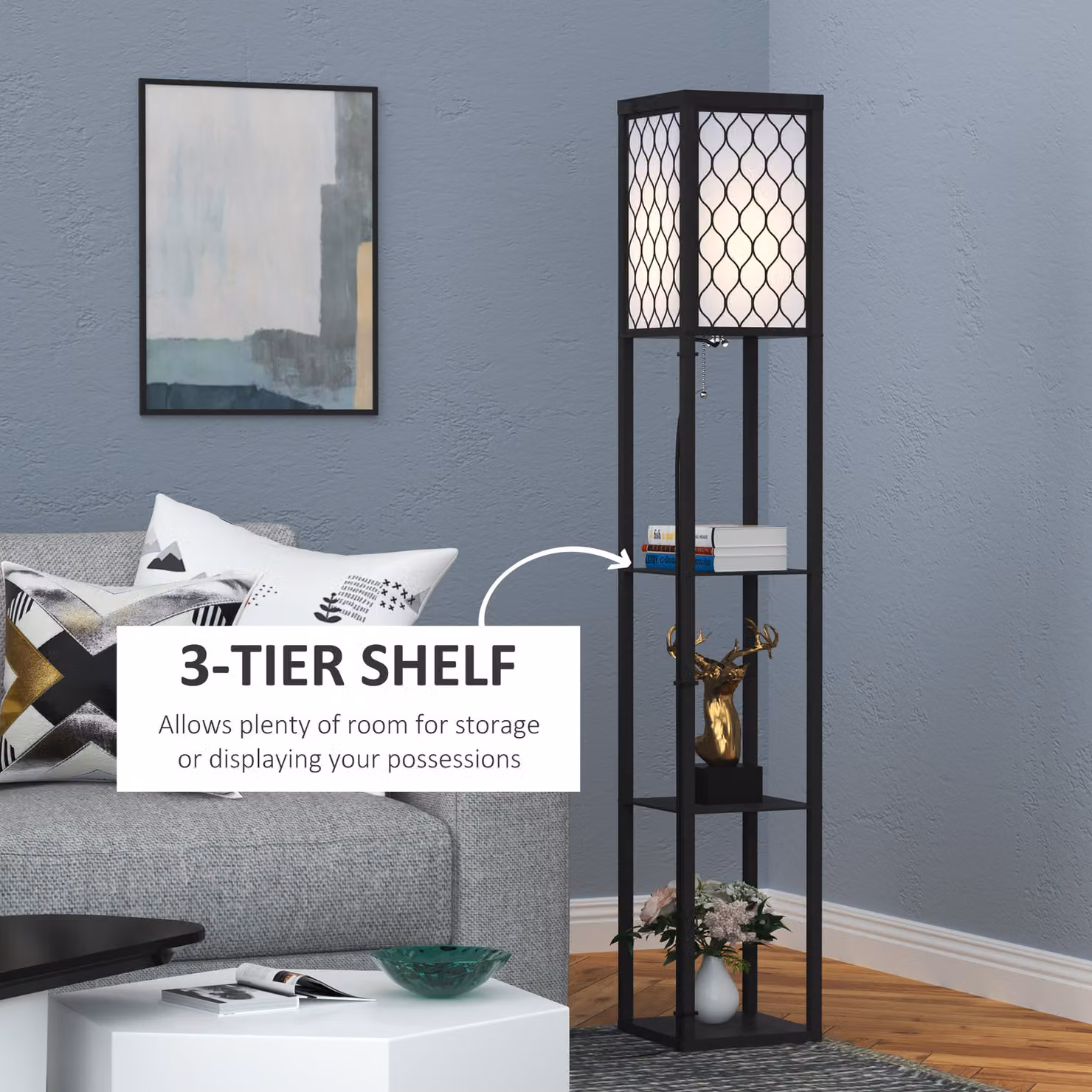 HOMCOM Modern Black Floor Lamp with 4-Tier Open Storage Shelves, H 160 x W 26 x D 26 cm – 6