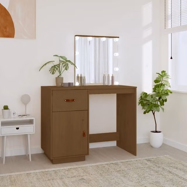 Berkfield Home Rustic Solid Wood Pine Dressing Table with LED in Honey Brown, W: 95 cm, D: 50 cm, H: 133.5 cm