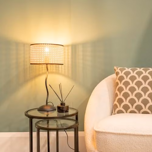 ValueLights Black Metal Wavy Table Lamp with Rattan Trim Shade and 4W Warm White LED Bulb – 3