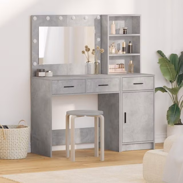 Berkfield Home 2 Piece Modern Dressing Table Set with LED in Matt Grey Engineered Wood