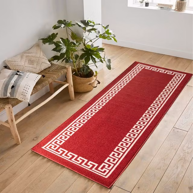 Desire Rugs Machine Washable Greek Key Geometric Anti Slip Runner in Red and White, W/D: 67 x 220 cm