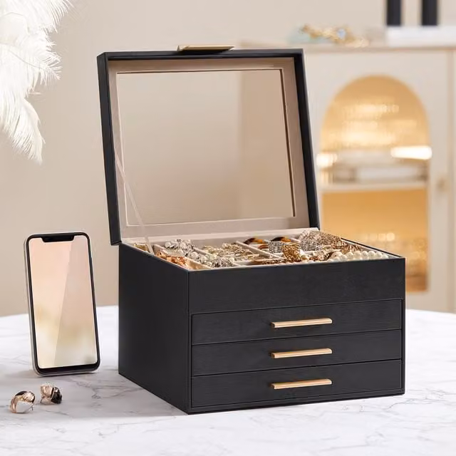 SONGMICS 4-Layer Jewellery Box with 3 Drawers and Glass Lid, Black