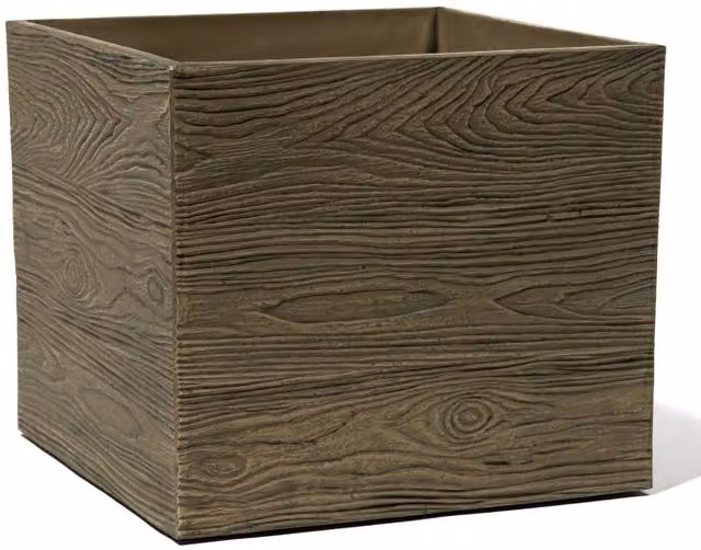 Primrose Wood-Effect Rustic Cube Resin Planter in Brown and Red
