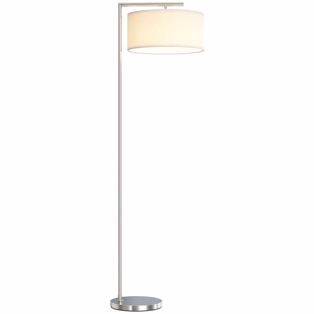 HOMCOM Modern Silver Floor Lamp with White Fabric Cylinder Lampshade, H 153 x W 37 x D 47 cm – 2