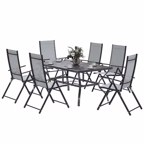 Outsunny 7 Piece Grey Garden Dining Set with Metal Top Table and Armchairs – 1