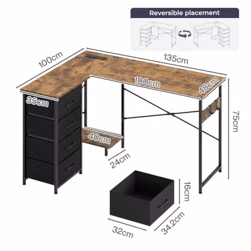 Levede L-Shaped Corner Desk with Drawers and Power Outlet in Rustic Brown, W/D/H: 135 x 100 x 76.5 cm – 2