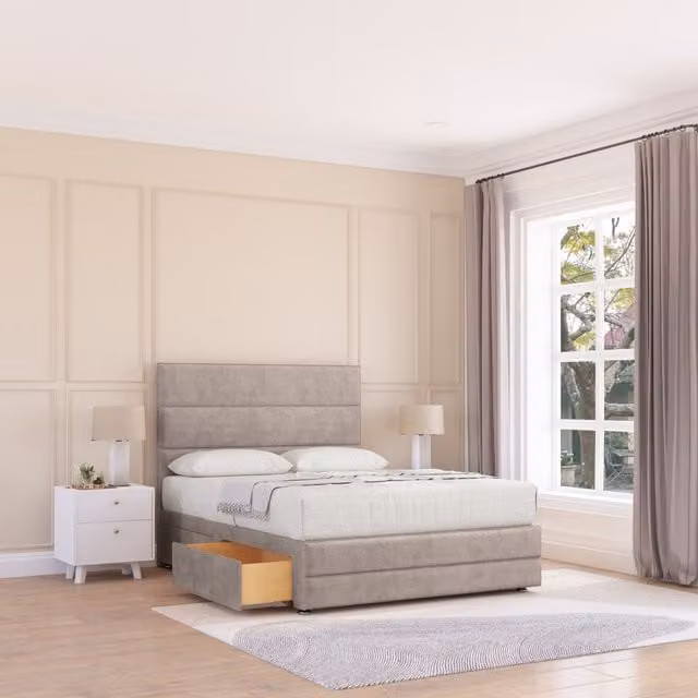 Sloomy Monaco Upholstered Bed Base with 2 Drawers and Floor Standing Headboard in Beige, W/D/H: 120 x 200 cm
