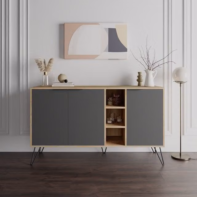 Decortie Clara Console Sideboard Display Unit in Anthracite Grey and Black, W/D/H: 142 x 36 x 83 cm
