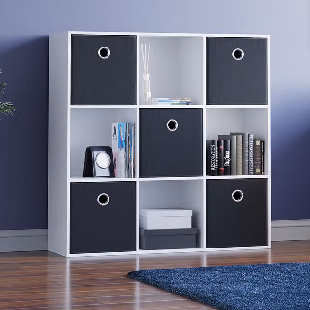 Vida Designs Durham 9 Cube Storage Unit with 5 Black Baskets and Back Panel, Black