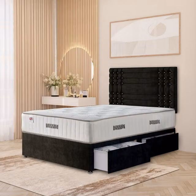 Somnior Beds Ltd Saville Plush Velvet Divan Bed Set with 4 Drawers and Headboard, Black, W/D/H: 120 x 200 cm