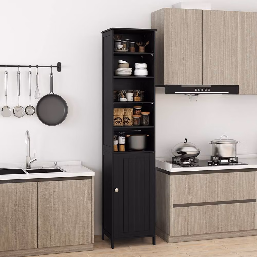 Gymax Black Slim Bathroom Tall Floor Cabinet with 5 Open Shelves and Hinged Doors – 3