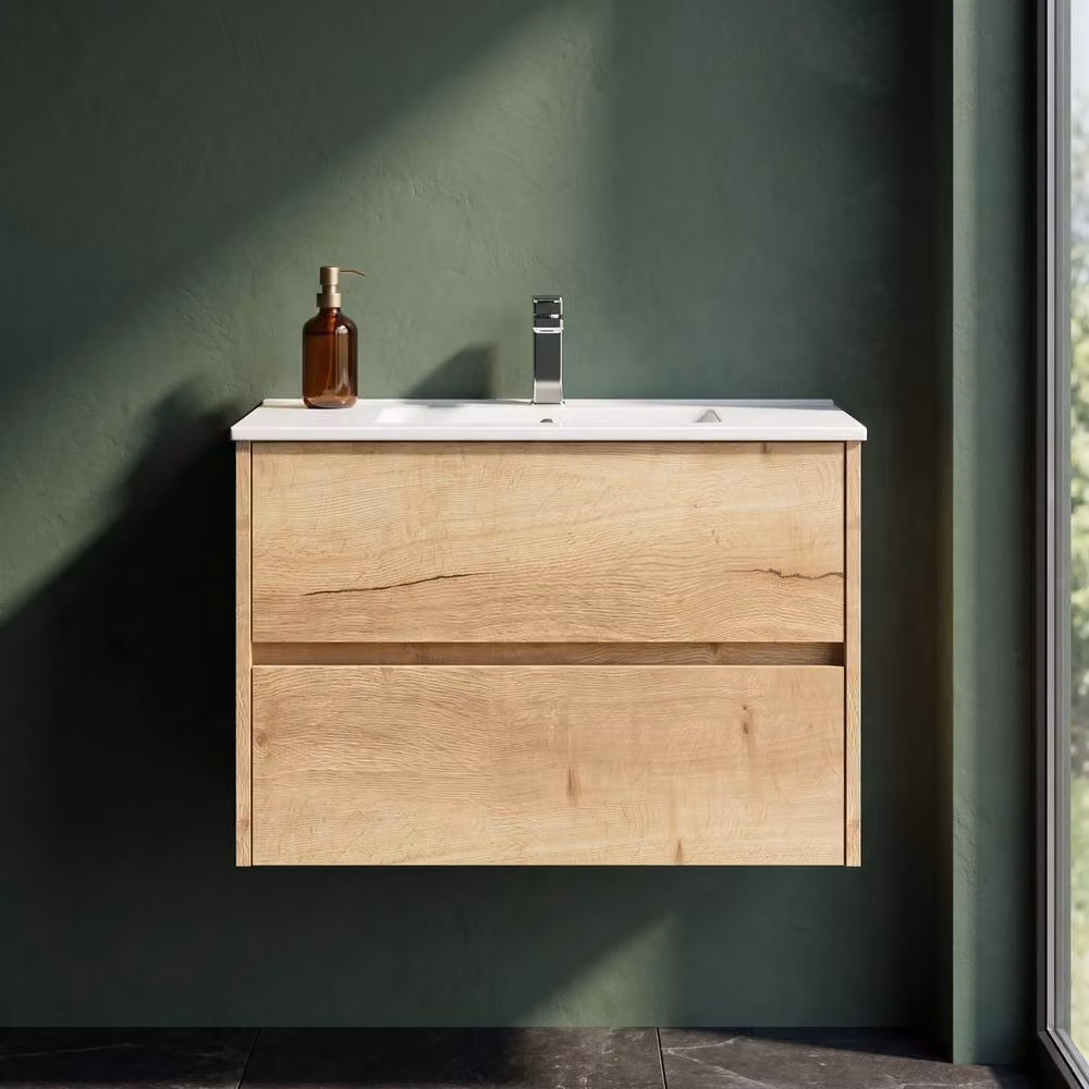 Balterley Chartley 2 Drawer Wall Hung Vanity Basin Unit, Autumn Oak, Brown, Width: 80 cm – 2