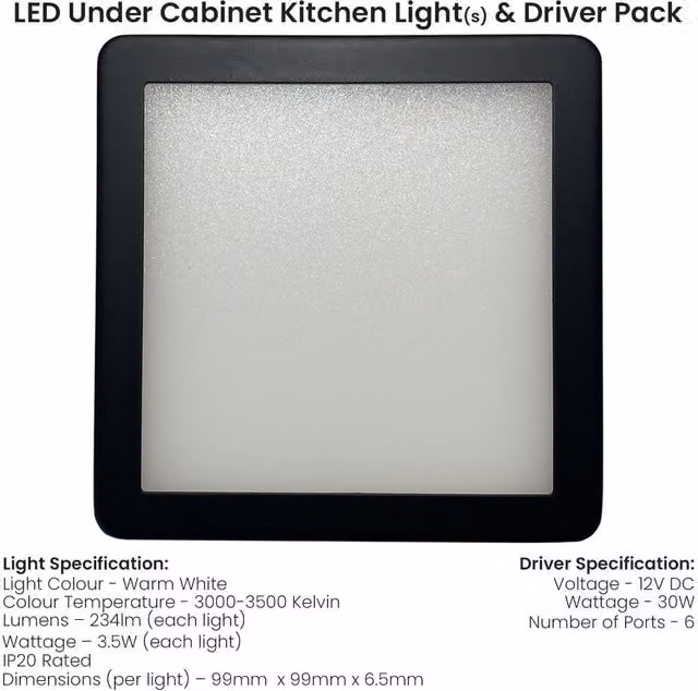 Loops 6x Matt Black Ultra-Slim Square Under Cabinet Kitchen LED Light and Driver Kit with Warm White Diffused Light – 1