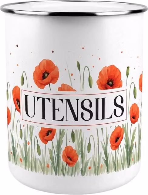 Purely Home Summer Poppies Metal Kitchen Utensil Holder in Red, Brown, Orange and White