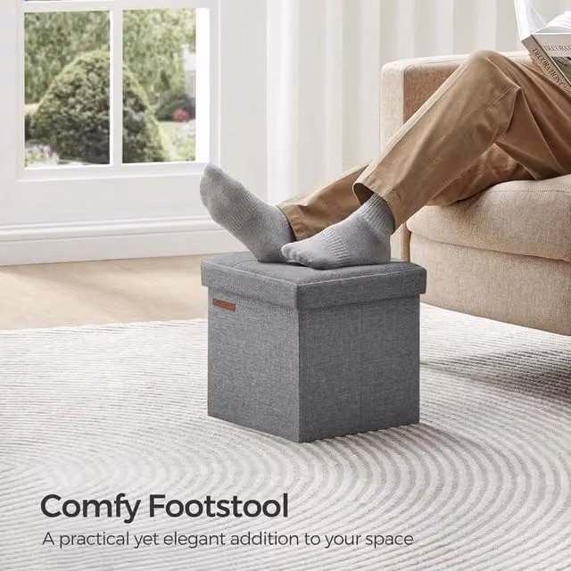 SONGMICS Small Foldable Storage Ottoman Foot Rest in Light Grey – 1