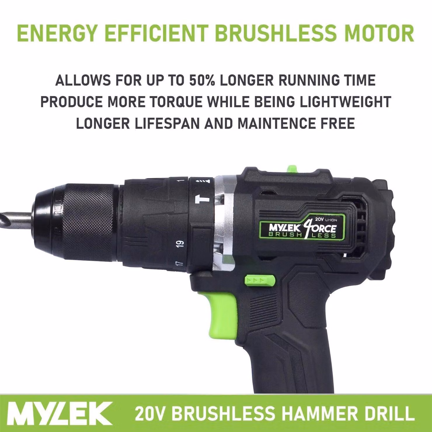 MYLEK 20V Cordless Brushless Impact Hammer Drill with 50 Piece Accessory Kit in Black – 3