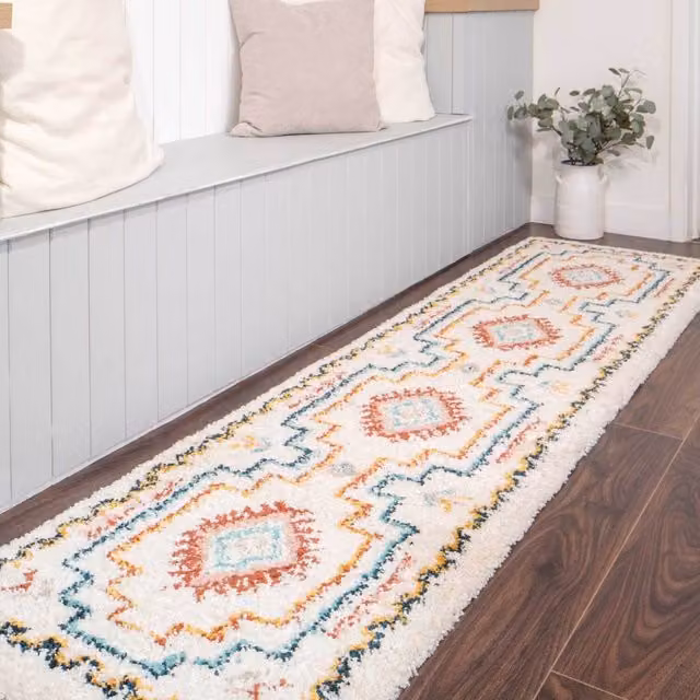 The Rug House Cream and Multicolour Diamond Aztec Bordered Moroccan Shaggy Living Area Rug, W: 240 cm, D: 60 cm