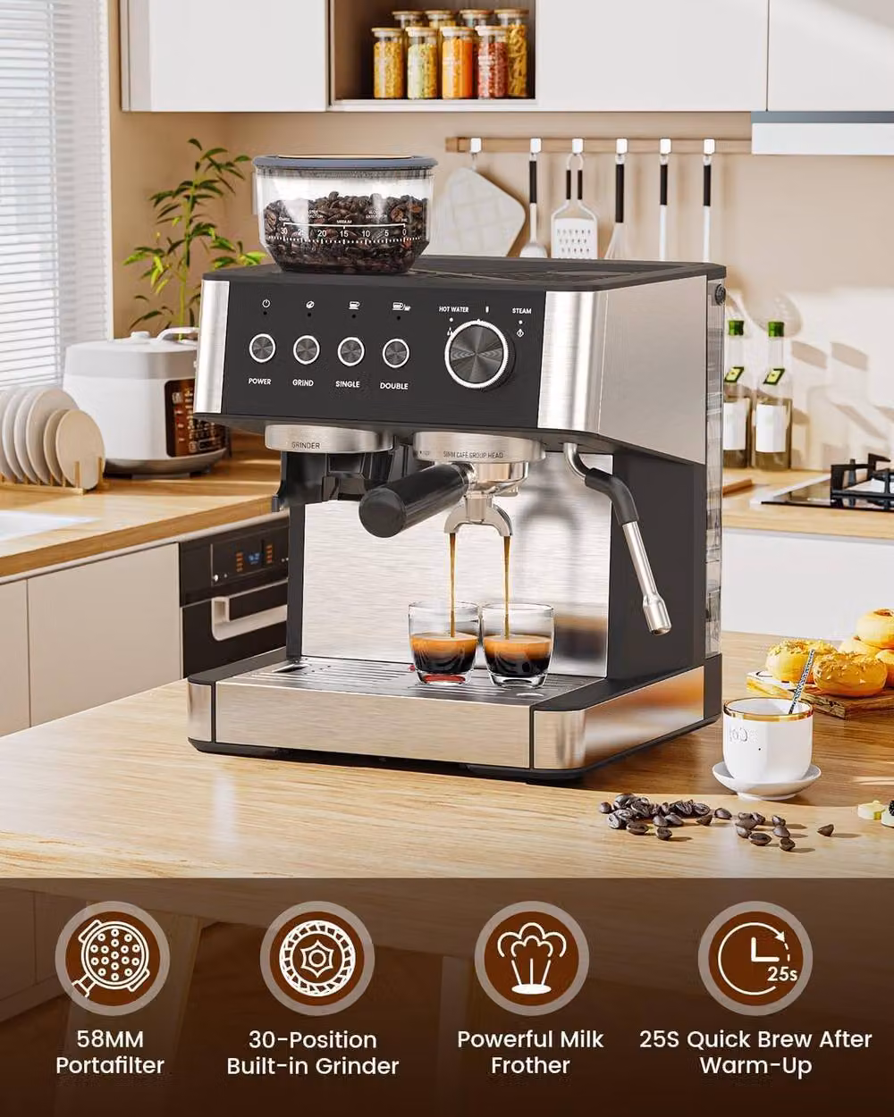 London Boutique 1500W Bean To Cup Coffee Machine with 15 Bar Espresso Function, 2.3 l Removable Tank and Steam Wand, Black – 2