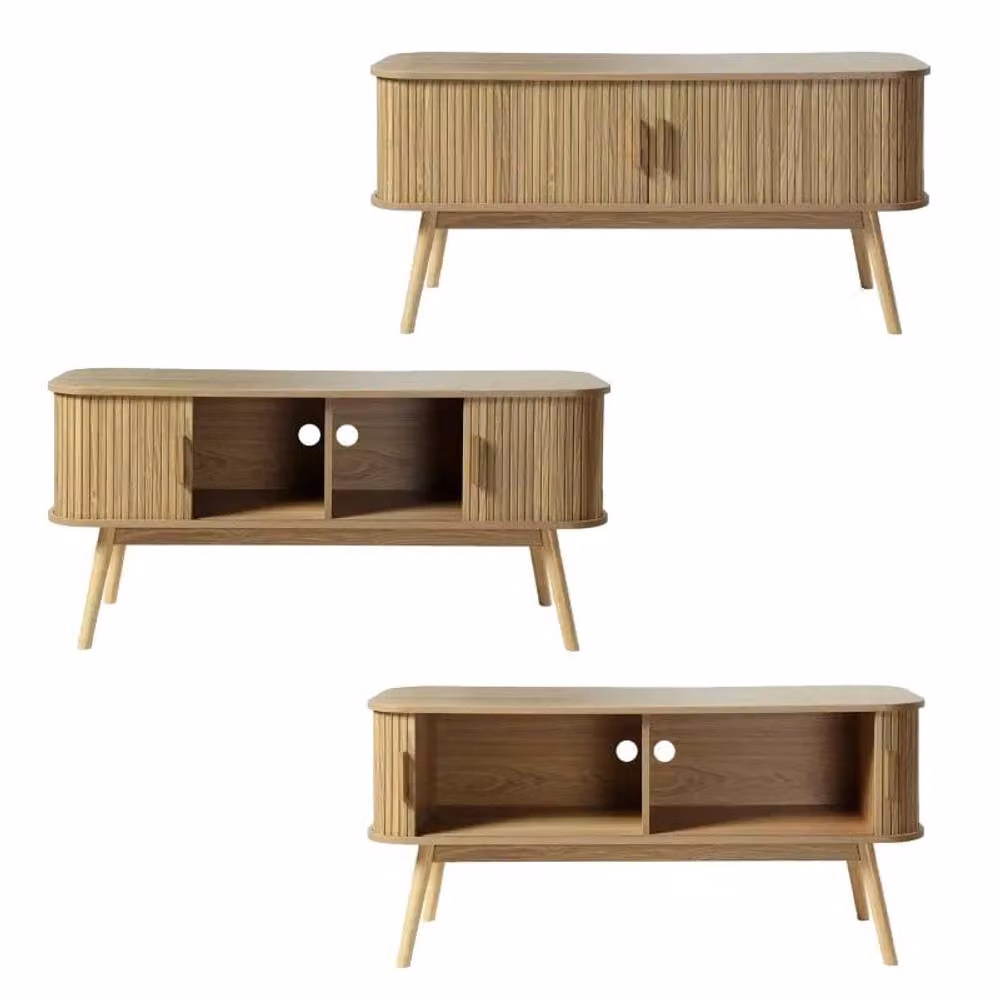 CALICOSY ERNEST TV Stand with 2 Sliding Doors, Light Brown, W: 120 cm, D: 39 cm, H: 55 cm – 4