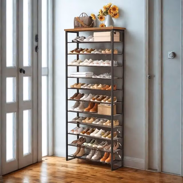 FURNOS 12-Tier Large Hallway Shoe Rack Storage Organiser in Brown and Black, W/D/H: 75 x 28.5 x 191 cm – 1